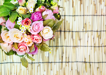 close up of beautiful artificial multicolor roses flowers bouque