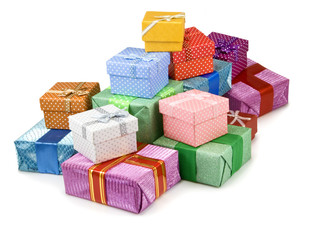 image of many  gift boxes on white background closeup