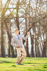 Senior gentleman dancing out of joy in the park