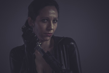 brunette woman wearing black latex, Japanese katana