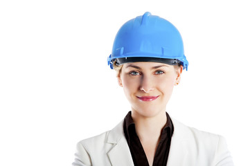 photo of female constructor or architekt with hard hat over whit