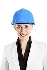 photo of female constructor or architekt with hard hat over whit