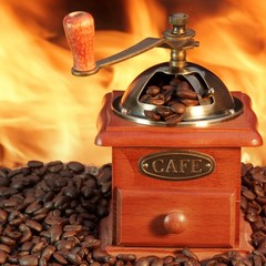 Old Coffee Grinder and Roasted Coffee Beans