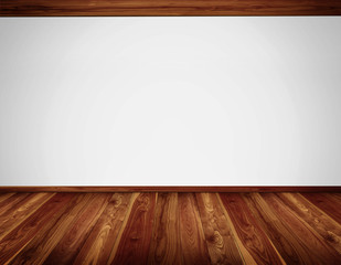 White wall with timber ceiling construction and wooden floor