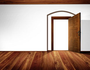 Open door with barrel vault; white wall, wooden floor