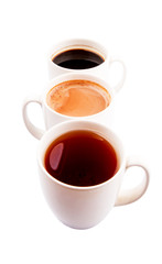 Hot beverages of chocolate, tea and black coffee