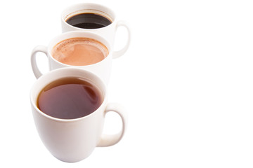 Hot beverages of chocolate, tea and black coffee
