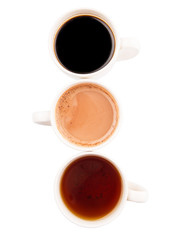 Hot beverages of chocolate, tea and black coffee