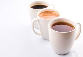 Hot beverages of chocolate, tea and black coffee