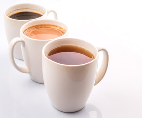 Hot beverages of chocolate, tea and black coffee