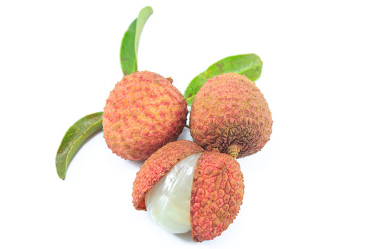 Lychees on white background