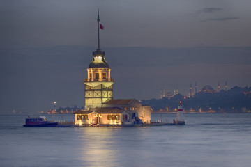 Fototapeta na wymiar Istanbul Maiden Tower from the east in sunset. In the distance a