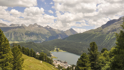 Naklejka na ściany i meble St. Moritz, Corviglia, Moritzersee, Alpen, Sommer, Schweiz