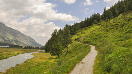Fototapeta na wymiar Sils, Bergdorf, Silsersee, Wanderung, Schweizer Alpen