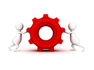 white people push red cogwheel gear