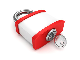 red security padlock and key on white background