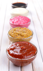 Various sauces on table close-up