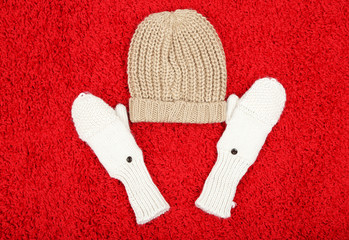 Winter cap and gloves,  on color background