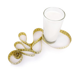 Glass of milk with measuring tape isolated on white