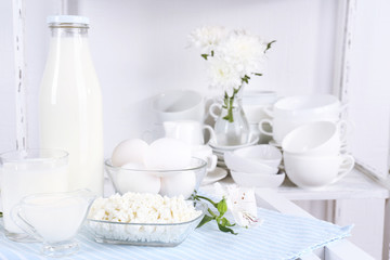 Fototapeta na wymiar Still life with tasty dairy products on table