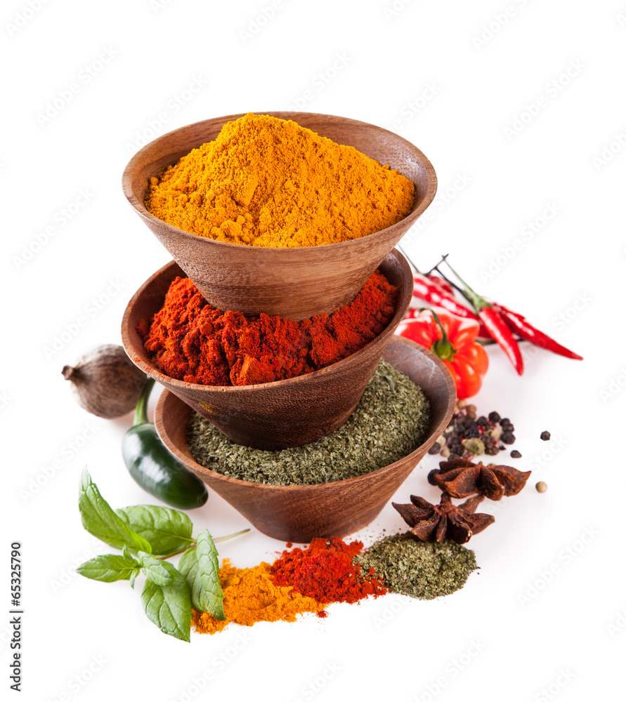 Wall mural various spices isolated on white background