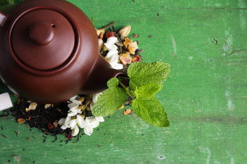 Herbal natural floral tea infusion with dry flowers and herbs