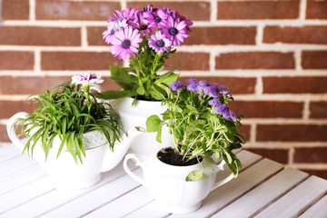Flowers in  decorative pots on table, on bricks background