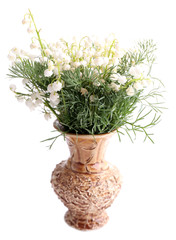 Beautiful lilies of the valley in vase, isolated on white