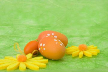 Easter background. Easter eggs and flowers.