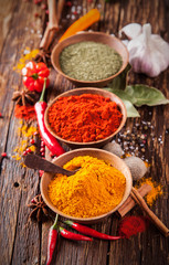 Various spices on wood