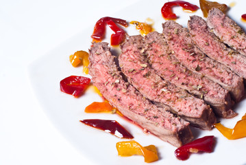 sliced roast meat with pickled peppers