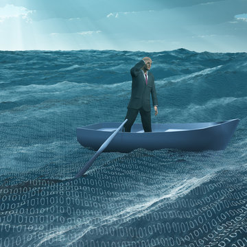 Man Adrift in tiny boat in binary ocean