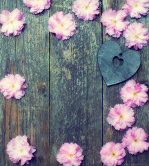 pink flowers and heart on the wooden background