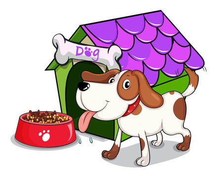 A dog beside the bowl with foods