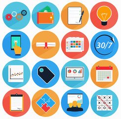 Flat icon set with long shadow in style of financial services, r
