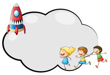 An empty cloud template with kids and a rocket