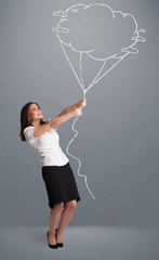 Pretty lady holding a cloud balloon drawing