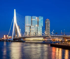 Papier Peint photo autocollant Pont Érasme Erasmus Bridge During Blue Hour, Rotterdam, The Netherlands