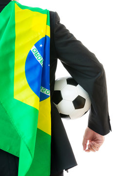 Back view of Businessman with soccer ball and Brazil flag