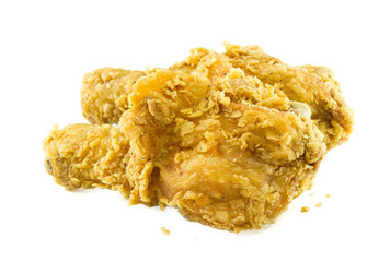Fried chicken pieces isolated on white background.