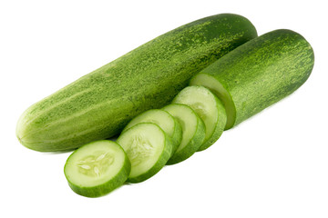Cucumber and slices isolated over white background