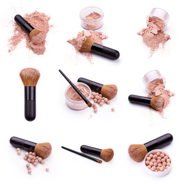 Fototapeta Face powder and brush isolated on white background