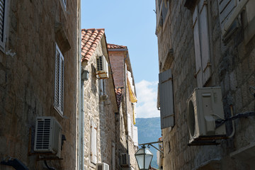 View of narrow street in old town in Budva, Montenegro.
