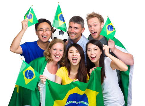 Group of happy brazilian soccer fan