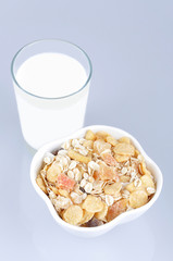 Cereals with dried and candied tropical fruit and glass of milk