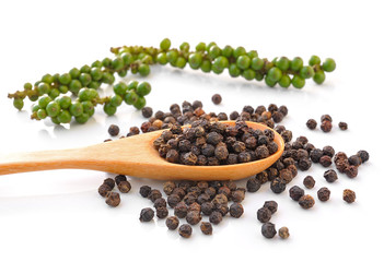 Spoon with Whole Black Pepper Granules and Bunches of fresh gree
