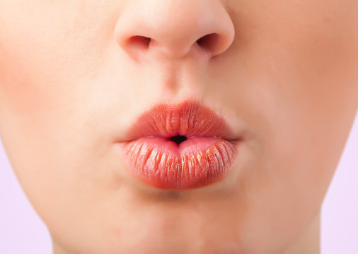 Beautiful woman red lips close up