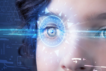 Fototapeta na wymiar Cyber girl with technolgy eye looking into blue iris