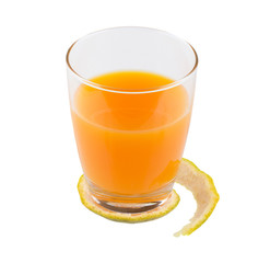 Glasses of orange juice with peeled skin