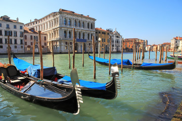 Gondolas on Grand Canal in Venice, Italy.